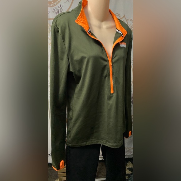 Victoria's Secret Pink L Ultimate Olive Green Neon Orange 1/2 Zip Pullover Shirt - Picture 1 of 6